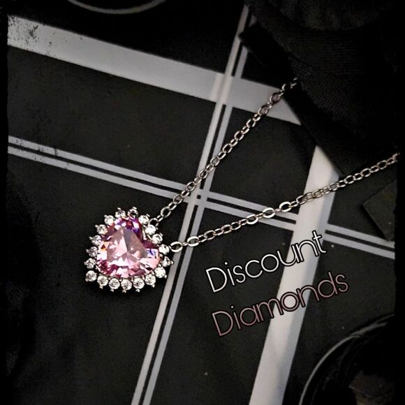 Pink Heart Diamond & Clear White Baguette Diamonds Pendant Necklace 925 Silver